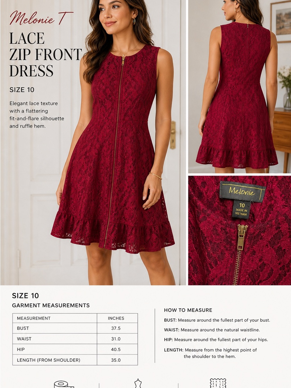 Melonie T Burgundy Lace Zip-Front Mini Dress